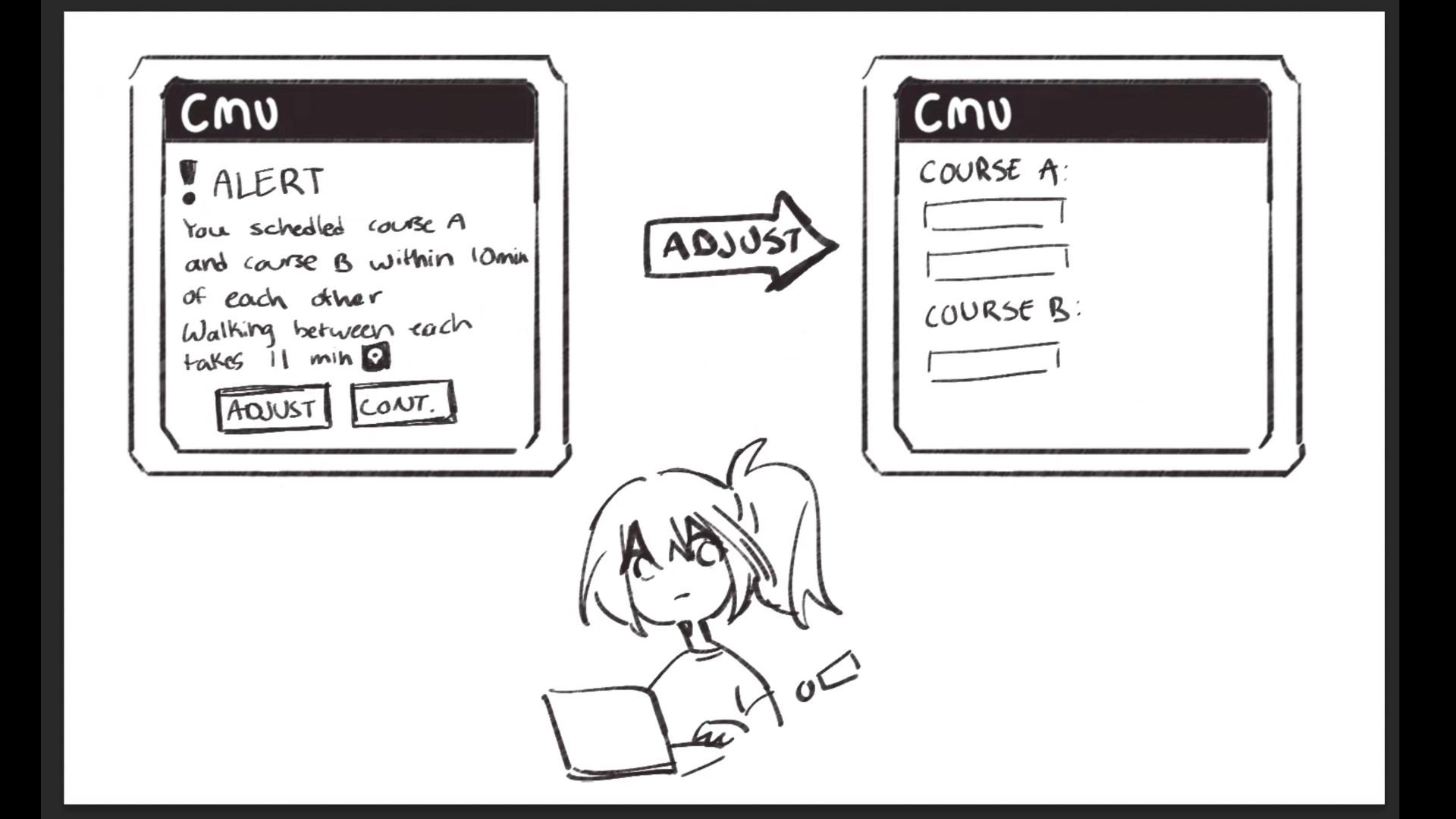 Video frame showing a schedule conflict alert